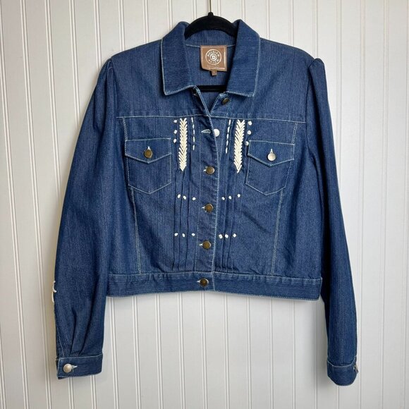 Double D Ranch Dark Denim Embroidered Jacket Size Medium Button Front B50 - Picture 1 of 6